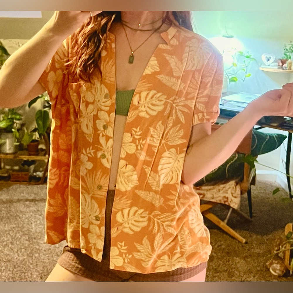 Sonoma Women's Tropical Print Button-Up Shirt Orange and cream beach coverup top